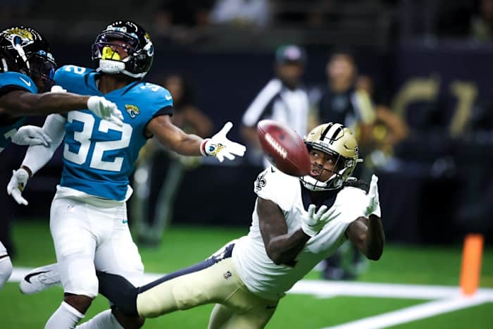 New Orleans Saints wide receiver Marquez Callaway (1) catches a touchdown pass against the Jacksonville Jaguars. Mandatory Credit: Stephen Lew-USA TODAY Sports